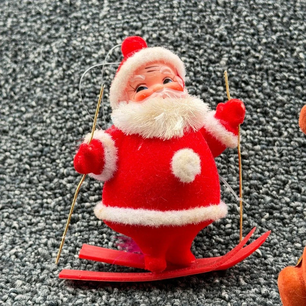 Vintage Flocked Christmas Ornaments Set Santa Skier Reindeer Mouse‎ Mid Century